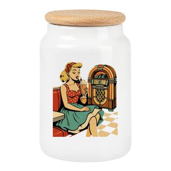 Affiche rétro des années 50 Pin-Up Pin-Up Milkshake de diner - Boîte à biscuits avec couvercle en bois - blanc - Devant