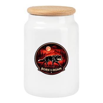 Born To Roam Wolf Wilderness Adventure Emblem - Cookie Jar with Wooden Lid - white - Front