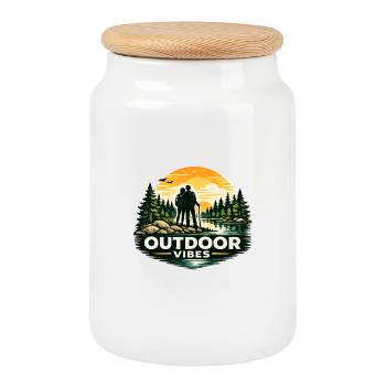 Camping Adventure Mountain Sonnenuntergangsdesign - Keksdose mit Holzdeckel - Weiß - Vorne