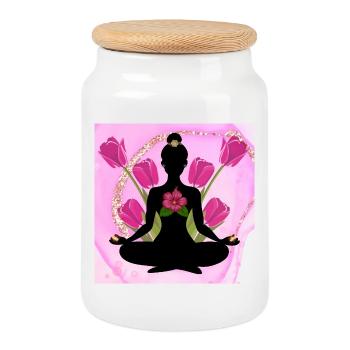 Silhouette méditative hibiscus roses - Boîte à biscuits avec couvercle en bois - blanc - Devant