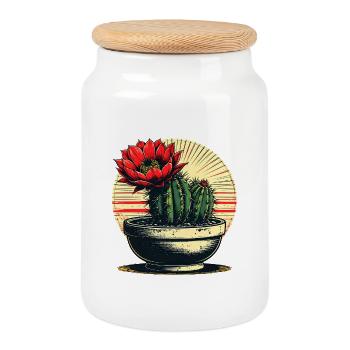 Cactus Blossom in Retro Pot - Cookie Jar with Wooden Lid - white - Front