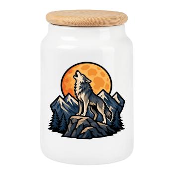Loup hurlant sous lune en montagne - Boîte à biscuits avec couvercle en bois - blanc - Devant