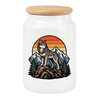 Majestic Wolf on Mountain Peak - Cookie Jar with Wooden Lid - white - Front