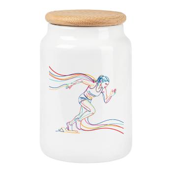 Female Runner Running Jogging Sport Silhouette Splash - Cookie Jar with Wooden Lid - white - Front
