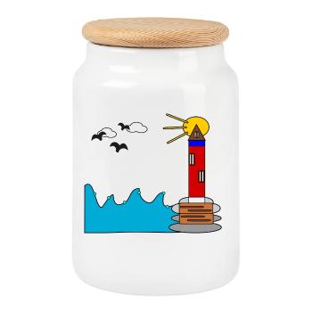 Leuchtturm am Meer im Sonnenkreis - Keksdose mit Holzdeckel - Weiß - Vorne