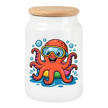 DiverOctopus Calmar Joyeux - Boîte à biscuits avec couvercle en bois - blanc - Devant