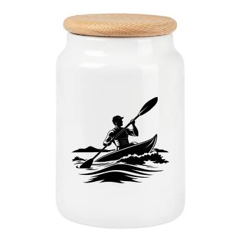 Man Kayaking - Cookie Jar with Wooden Lid - white - Front