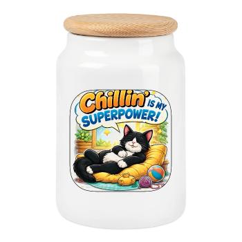 Chillin is My Superpower Katze - Keksdose mit Holzdeckel - Weiß - Vorne