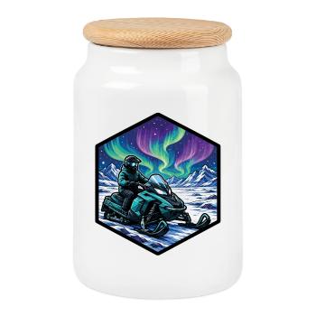 Snowmobiling under the Northern Lights in the mountains - Cookie Jar with Wooden Lid - white - Front