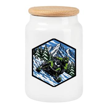 Motoneige en montée dynamique sur neige - Boîte à biscuits avec couvercle en bois - blanc - Devant