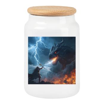 Clash with the Beast – Epic Dragon Fight - Cookie Jar with Wooden Lid - white - Front