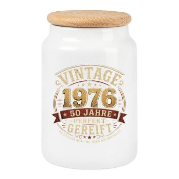 Vintage 1976 – 50 Jahre Gereift - Keksdose mit Holzdeckel - Weiß - Vorne