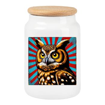 owl - Cookie Jar with Wooden Lid - white - Front