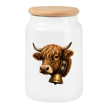 Tête de taureau polygonale avec cloche - Boîte à biscuits avec couvercle en bois - blanc - Devant