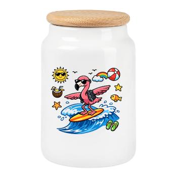 Surfer flamingo on wave - Cookie Jar with Wooden Lid - white - Front