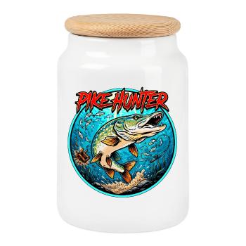 Pike Fishing Motif - Cookie Jar with Wooden Lid - white - Front