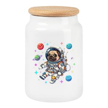 Astronaut Pug Dog Space Space - Cookie Jar with Wooden Lid - white - Front