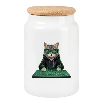 Gaming Cat Hacker Nerd PC - Cookie Jar with Wooden Lid - white - Front