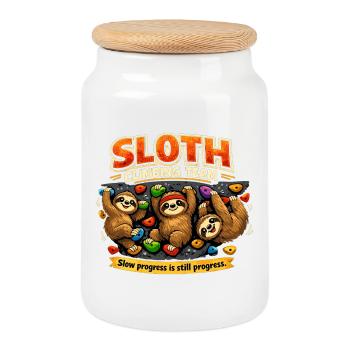 Sloth Climbing Team – Comic Bouldering Design - Cookie Jar with Wooden Lid - white - Front