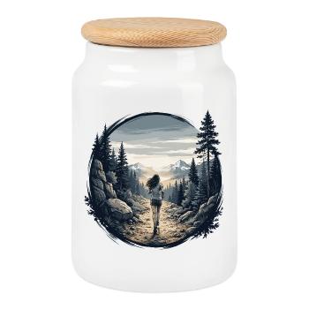 Female Trail Runner - Cookie Jar with Wooden Lid - white - Front