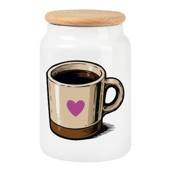 Tasse en forme de cœur avec illustration de cœur rose - Boîte à biscuits avec couvercle en bois - blanc - Devant