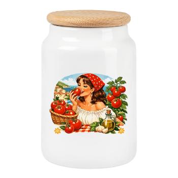 Tomato Girl Vintage - Imprimé graphique rétro de tomates - Boîte à biscuits avec couvercle en bois - blanc - Devant