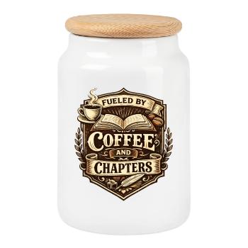 Alimenté par du café et des chapitres | Blason vintage - Boîte à biscuits avec couvercle en bois - blanc - Devant