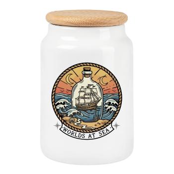 Worlds At Sea Retro Badge Bottle Boat - Cookie Jar with Wooden Lid - white - Front