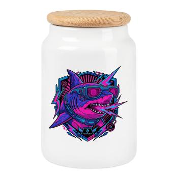 Cyber Hai Neon Gaming Synthwave - Cookie Jar with Wooden Lid - white - Front