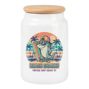 Retro Surfer Hai Strand Urlaub - Keksdose mit Holzdeckel - Weiß - Vorne