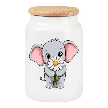 Little elephant with daisies - Cookie Jar with Wooden Lid - white - Front
