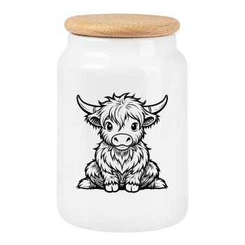 Cute Highland Cow - Cookie Jar with Wooden Lid - white - Front