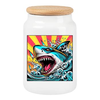Requin - Boîte à biscuits avec couvercle en bois - blanc - Devant