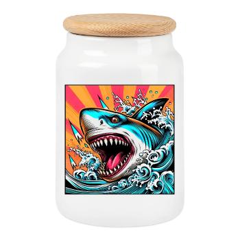 Requin - Boîte à biscuits avec couvercle en bois - blanc - Devant