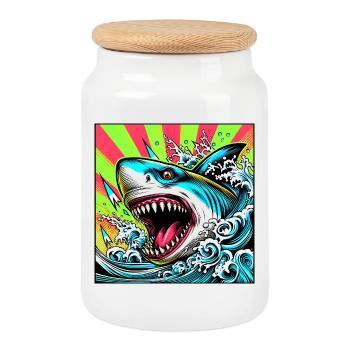 Requin - Boîte à biscuits avec couvercle en bois - blanc - Devant