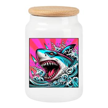 Requin - Boîte à biscuits avec couvercle en bois - blanc - Devant