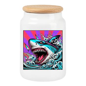 Requin - Boîte à biscuits avec couvercle en bois - blanc - Devant