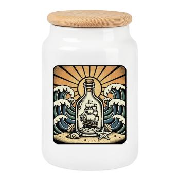 Retro Ocean Sun Waves Bottle Boat - Cookie Jar with Wooden Lid - white - Front