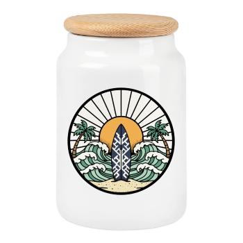 Surfbrett, Palmen, Wellen, Ozean – Retro-Abzeichen - Keksdose mit Holzdeckel - Weiß - Vorne