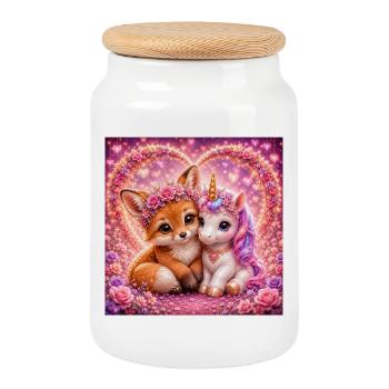Heart Happiness Fox and Unicorn - Cookie Jar with Wooden Lid - white - Front