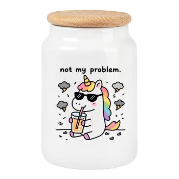 Not My Problem | Licorne Humour Zen - Boîte à biscuits avec couvercle en bois - blanc - Devant