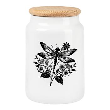 Dragonfly with Flowers - Cookie Jar with Wooden Lid - white - Front