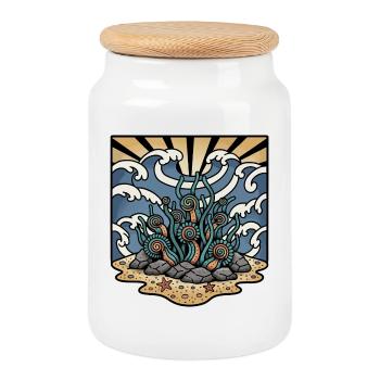 Seaweed Corals Ocean Waves Sun Retro Tattoo - Cookie Jar with Wooden Lid - white - Front