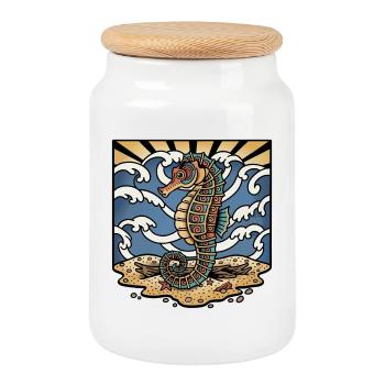 Hippocampe Ocean Vagues Soleil Retro Tatouage - Boîte à biscuits avec couvercle en bois - blanc - Devant