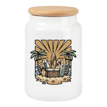 Coffre Tresor Planches Surf Palmiers Ocean Retro - Boîte à biscuits avec couvercle en bois - blanc - Devant