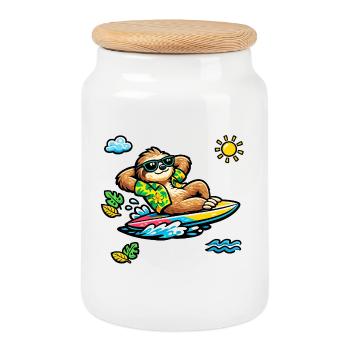 Sloth Surf - Boîte à biscuits avec couvercle en bois - blanc - Devant