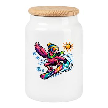 Snowboard de flamant rose en pleine splendeur hivernale - Boîte à biscuits avec couvercle en bois - blanc - Devant