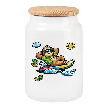 Surfer sloth in tropical style - Cookie Jar with Wooden Lid - white - Front