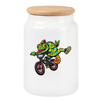 Gecko auf BMX: bunte Fahrt - Keksdose mit Holzdeckel - Weiß - Vorne