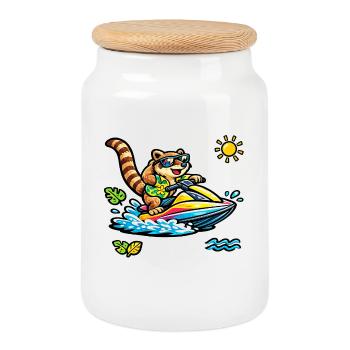 Nasenbär auf Jet-Ski im Tropen-Style - Keksdose mit Holzdeckel - Weiß - Vorne